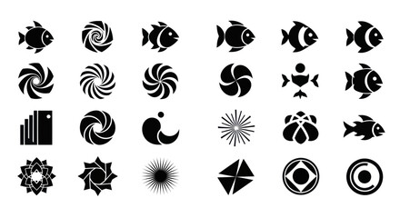 Fototapeta premium Black icons fish and geometric shapes