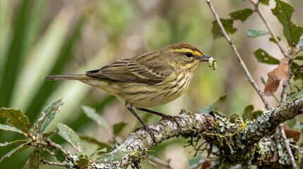Fototapeta premium Close-up side view of a wild palm warbler perched on a branch with a caterpillar in its beak in Florida, USA, bird wildlife scene highlighting feeding behavior and natural habitat, soft outdoor light,