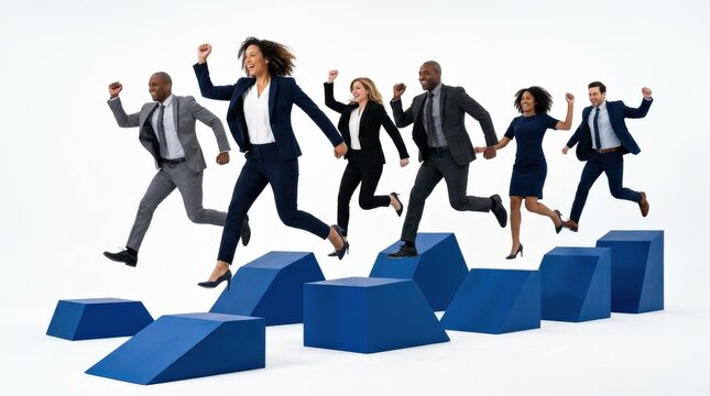 Business team jumping across blue geometric blocks in synchronized motion isolated on white, teamwork, cooperation, success, leadership and continuous corporate growth, clean conceptual business