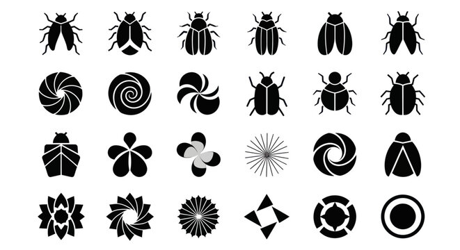 Black insect and abstract symbol set