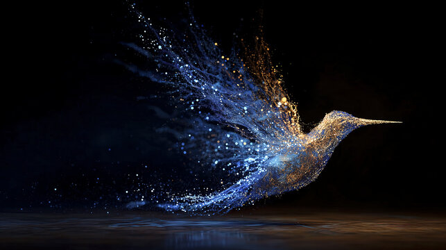 Abstract bird silhouette flying and dissolving into glowing particles, blue and gold dust trail on black background