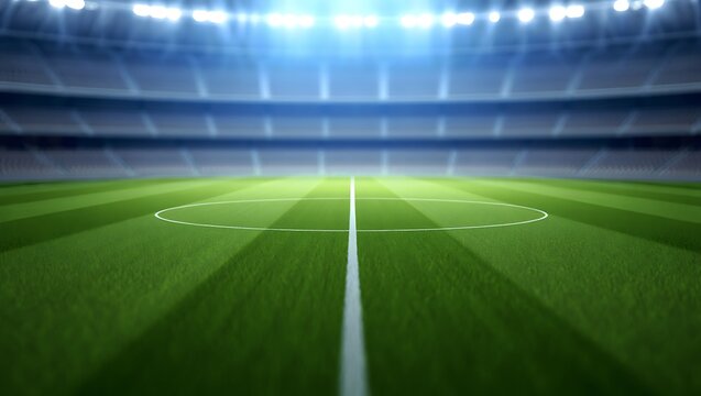 Empty professional soccer stadium at night with bright floodlights illuminating the green turf pitch football abstract