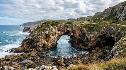 Fototapeta premium Natural rock beauty of Caballo Bridge near Cobijeru Cave, dramatic coastal landscape with rugged formations and geological textures, scenic travel and nature destination concept, wild terrain, sea