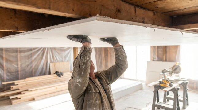 Construction worker lifting and installing a heavy drywall panel on a wooden ceiling