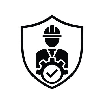 Worker safety shield icon with worker safety shield and approval check for Social Governance black and white vector