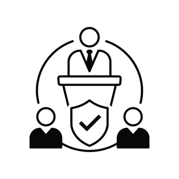 Ethical leadership podium icon with ethical leadership podium and shield audience for Social Governance compliance