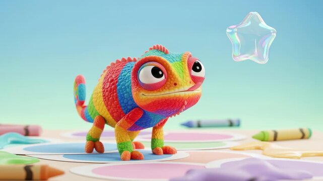 Cute multicolored chameleon with big eyes catching a floating star shaped bubble with its long tongue in a playful and creative environment filled with crayons and colorful paint
