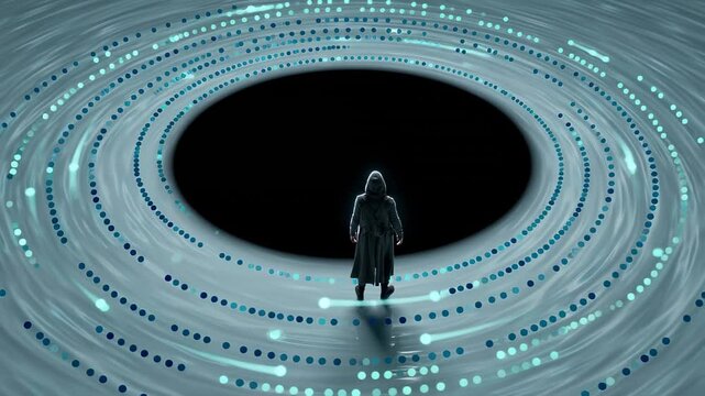 Mysterious hooded figure in a dark cloak standing on the edge of a swirling black abyss, surrounded by futuristic concentric rings of glowing blue digital data streams in a surreal, high tech world