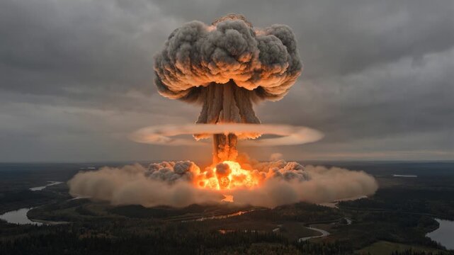 Devastating nuclear bomb detonating over a forest and river. Creating a fiery explosion. Shockwave. And a massive mushroom cloud rising into the apocalyptic gray sky. Representing total annihilation