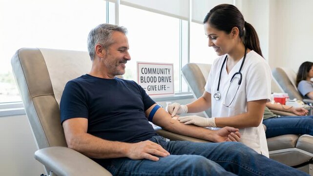 Cheerful middle aged man smiling at a friendly nurse while donating blood during a community blood drive event in a modern clinic, contributing to saving lives through a generous act