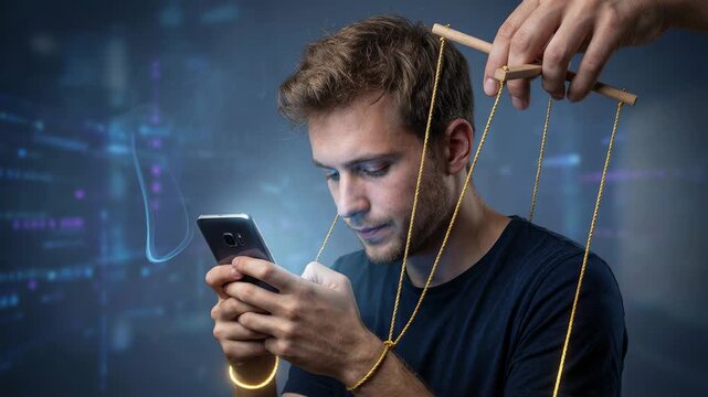 Conceptual video illustrating smartphone addiction and social media dependency, with a young man being controlled like a marionette by his glowing mobile device against a digital background