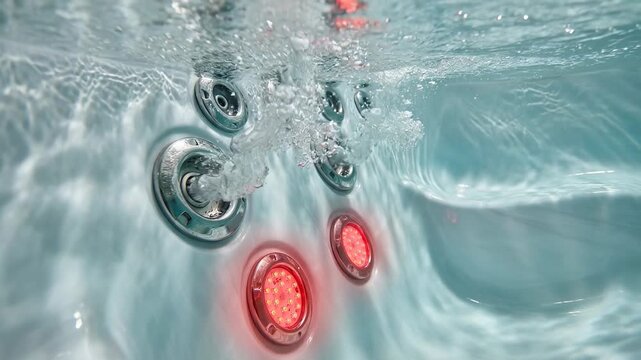 Underwater view of running hot tub jets bubbling and circulating water for hydrotherapy, with vibrant red led lights illuminating the scene for a relaxing and therapeutic experience