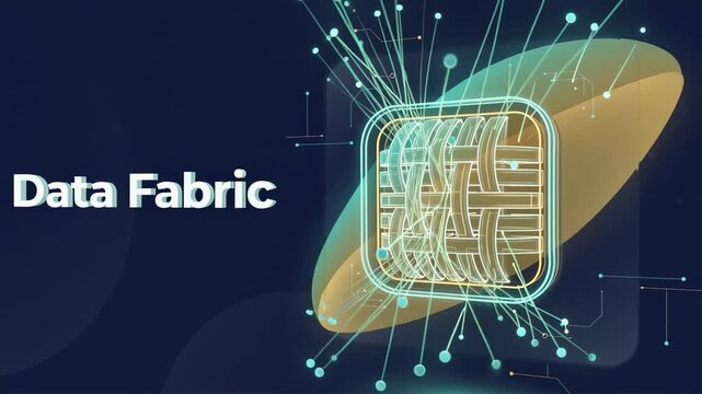 Futuristic data fabric animation showing a centralized processing unit connecting to a network of nodes, representing modern information architecture, big data management, and seamless connectivity
