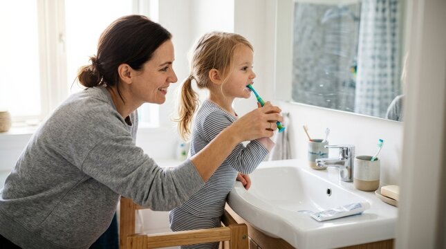 Child learning to brush teeth at bathroom sink, people focused concept for health, education, family care, support, learning and wellbeing, authentic interaction with clear emotional relevance,