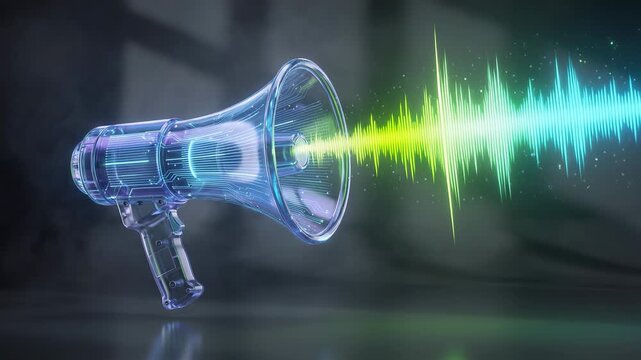 Futuristic transparent megaphone with glowing circuits inside transmitting a vibrant audio wave. Symbolizing digital marketing. Communication. Announcement. And voice technology on a dark background