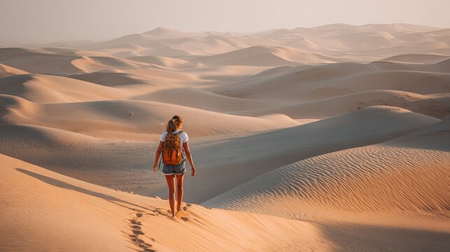 Young tourist hikes sandy dunes in Abu Dhabi.