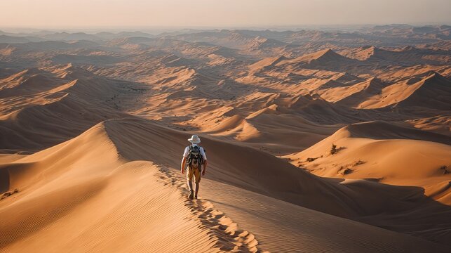 Young tourist hikes sandy dunes in Abu Dhabi.