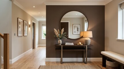 Hallway area with a large mirror and accent brown mocha mousse color, elegant interior design concept with warm neutral palette, modern home styling and premium architectural atmosphere for decor and