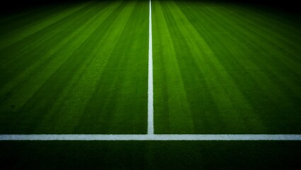 Obraz premium Direct view of a white boundary line on a freshly cut green soccer turf field with football athletic boundary