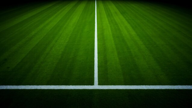 Direct view of a white boundary line on a freshly cut green soccer turf field with football athletic boundary