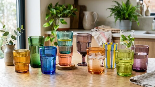 Colourful drinking glasses, vibrant tabletop still life, modern homeware concept, playful color composition, realistic glass texture and reflections, polished retail stock appeal, soft atmospheric