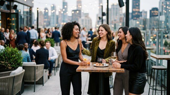 Girls' night out, stylish social nightlife concept, joyful friends, urban evening atmosphere, candid laughter and fashion, polished editorial stock appeal, soft atmospheric depth, no logos