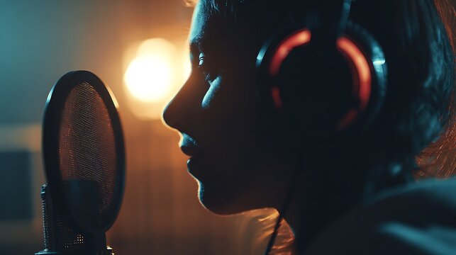 A woman wearing headphones sings into a microphone in a recording studio with warm lighting.