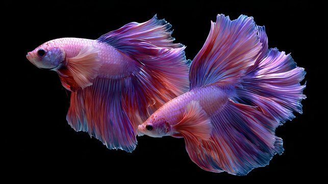 Pretty pink and purple betta fish dance gracefully in water, their fancy halfmoon fins shimmering against a black background.
