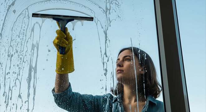 Woman with yellow gloves cleaning window with squeegee, creating soapy streaks against a bright sky, representing home maintenance and clear views