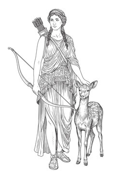 Ancient Greek Goddess of the Hunt Artemis with a bow and arrow in her hands and a mountain doe nearby. Figure isolated on white background