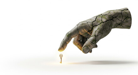 Fototapeta premium Surreal stone hand reaching for a glowing key, conceptual sculpture of discovery and success, cracked marble texture on white background