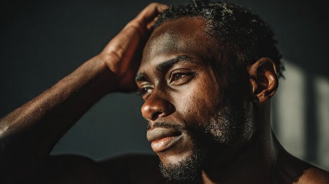 Man with dark skin gently touches his dark hair for a photo.