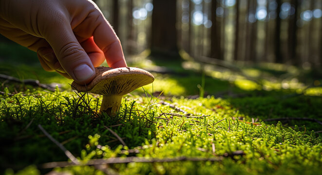 Hand selecting fresh wild mushroom in sun-dappled forest moss, bright summer day, natural food discovery