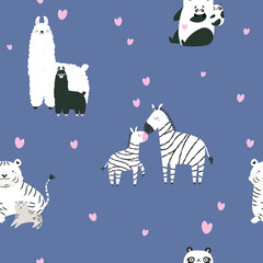 Fototapeta premium Seamless pattern with cartoon animal families and pink hearts on blue background