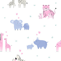 Obraz premium Seamless pattern with cartoon animal families - zebra, tiger, elephant, rhino, giraffe