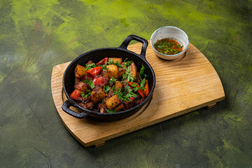 Roasted vegetables with meat in cast iron pan served with fresh herbs and sauce on wooden board © sutulastock