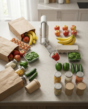 A collaborative robot stands among neatly arranged groceries on a bright kitchen counter. The scene shows automated assistance during everyday food preparation