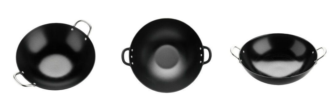 Set of Black Metal Wok Frying Pan Isolated on White Background, PNG