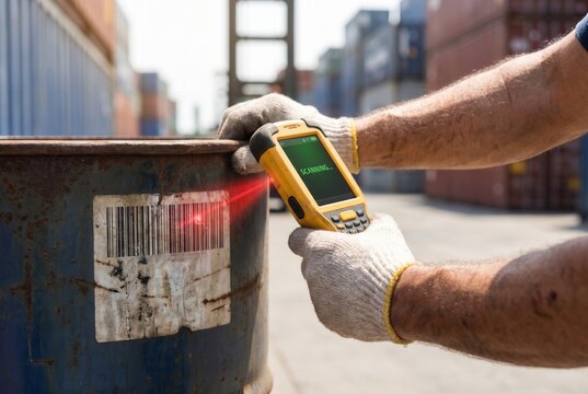 Warehouse worker wearing gloves scanning barcode on rusty metal drum using digital terminal