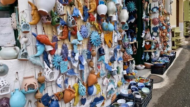 Authentic Margarites Crete. Artisan pottery village with colorful ceramic shop display on stone walls. Traditional Greek crafts in narrow empty street. Heritage pottery workshop. No people 4K travel
