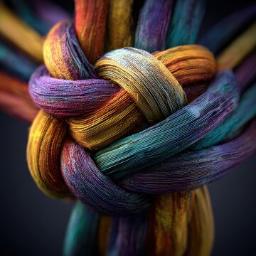 Vibrant Multi-Colored Textured Knot of Threads on Dark Background