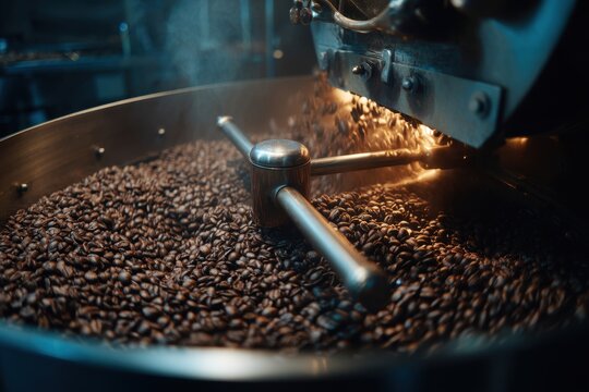 Coffee Beans Roasting in Industrial Machine with Smoke and Agitator
