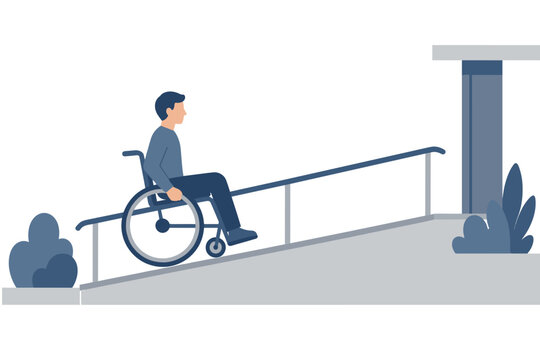 Wheelchair user moving up access ramp beside building entrance representing inclusive design mobility support barrier free architecture disability rights public facility compliance awareness campaigns