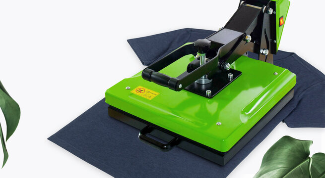 T-Shirt Printing Process Isolated on White Background &ndash; Print on Demand Heat Press Apparel Production