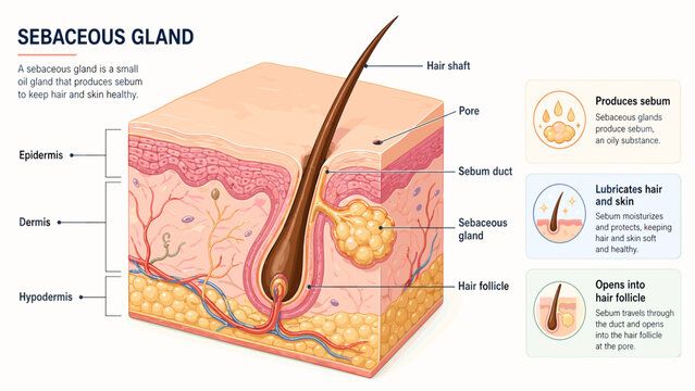 Sebaceous gland hair follicle skin anatomy diagram explaining sebum production pore structure lubrication acne education for dermatology training patient brochures clinic websites science textbooks