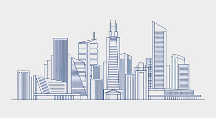 Fototapeta premium Modern City Skyline Silhouette, Architectural Blueprint Style