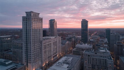 Fototapeta premium Aerial view of modern city skyline at dawn with pastel sky and illuminated skyscrapers