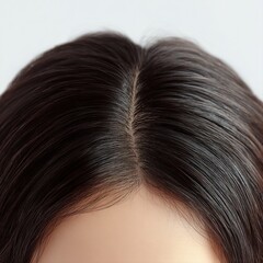 Naklejka premium Close-up of a dark brown human hair parting on a scalp, showcasing natural texture and scalp health