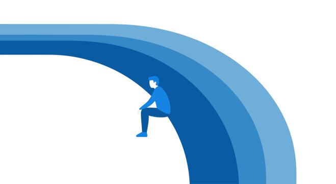 Man sitting on blue abstract curve, representing thought and contemplation