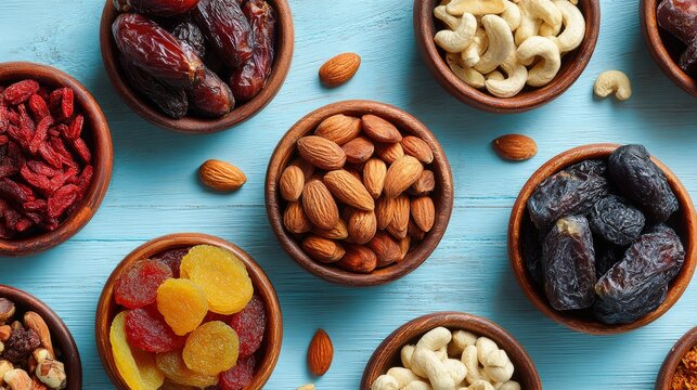 Bowls of dried fruits and nuts rest on a light blue surface.